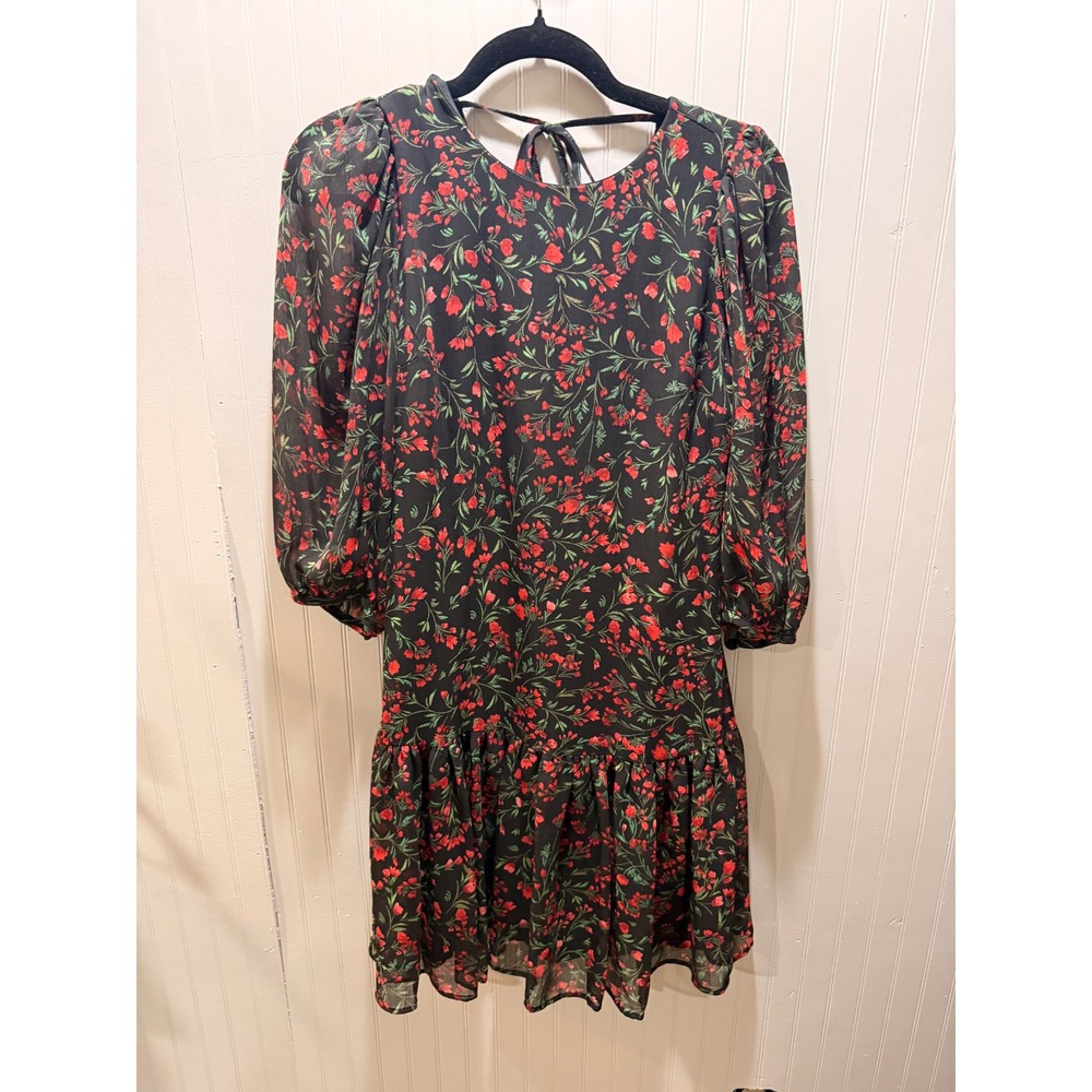 Calvin Klein Floral Puff Sleeve Ruffle Hem Mini Dress Black Red Size 2